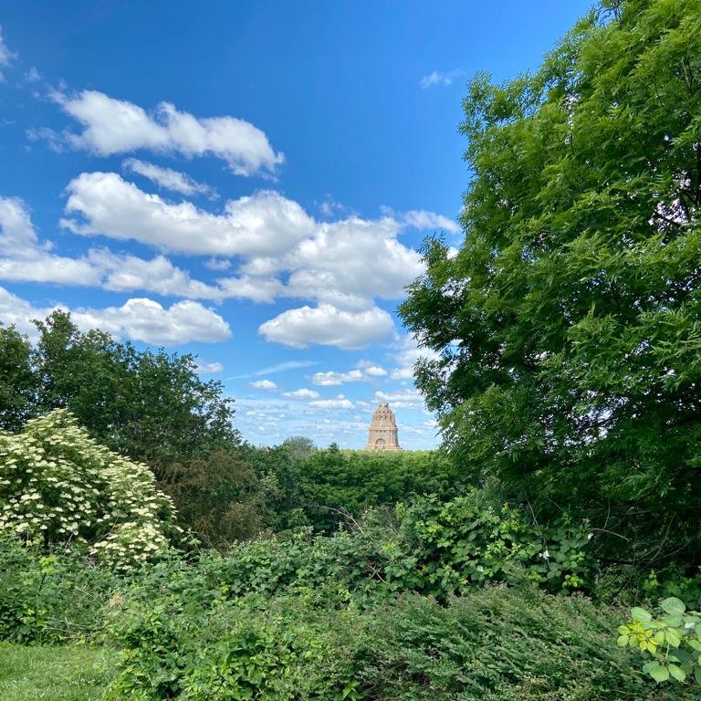 Blick auf das Völkerschlachtdenkmal in der Ferne über grüne Landschaft
